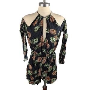 Material Girl Juniors' Pineapple Print Cold-shoulder Romper Black Combo Size L